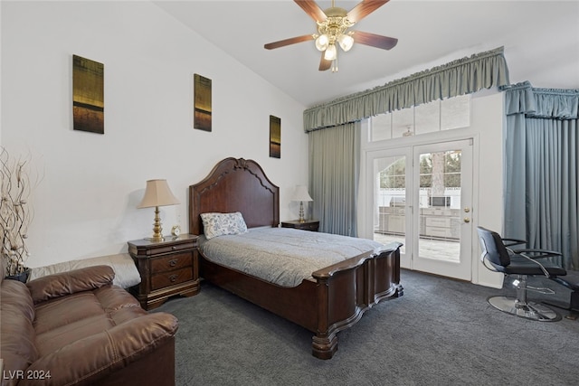 carpeted bedroom featuring ceiling fan, access to exterior, lofted ceiling, and french doors