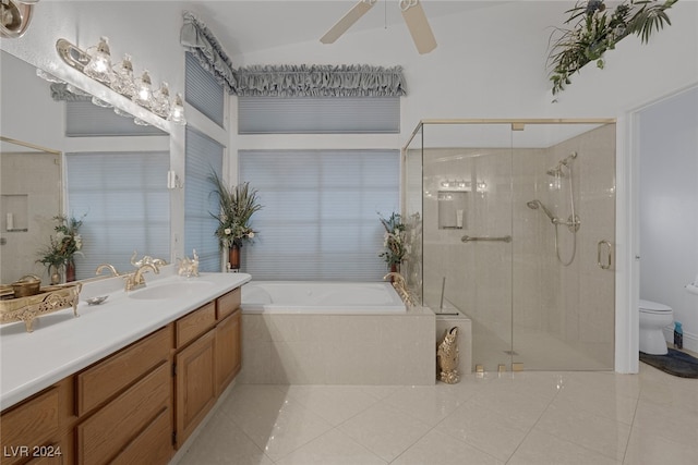 full bathroom featuring toilet, vanity, tile patterned flooring, ceiling fan, and independent shower and bath