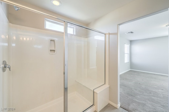 bathroom with a shower with door