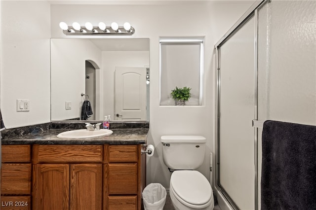 bathroom with vanity, toilet, and walk in shower