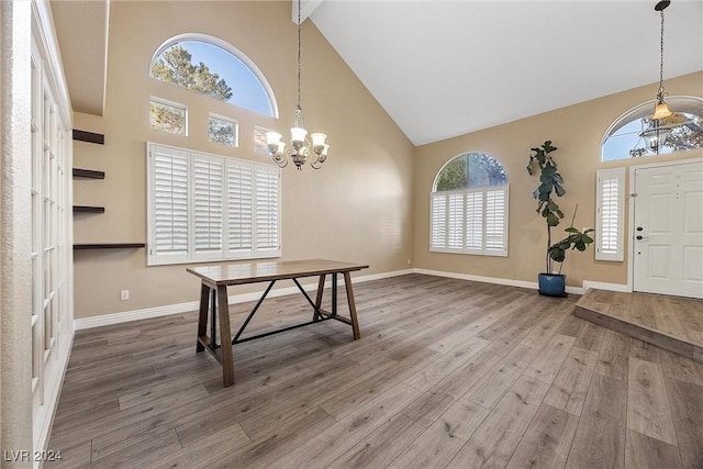 dining room featuring high vaulted ceiling, wood-type flooring, and an inviting chandelier