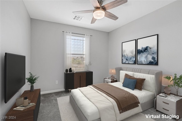 carpeted bedroom featuring ceiling fan