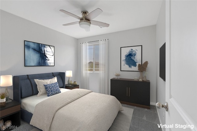 carpeted bedroom featuring ceiling fan