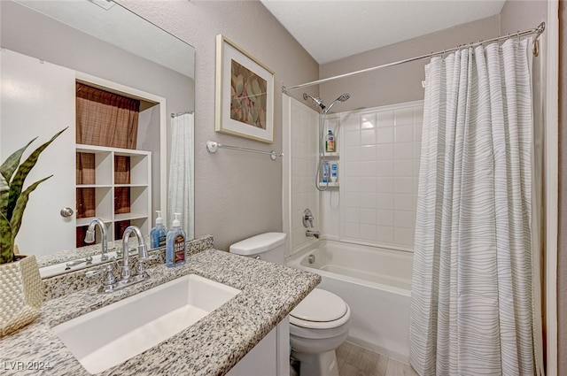 full bathroom with wood-type flooring, vanity, toilet, and shower / bath combo with shower curtain