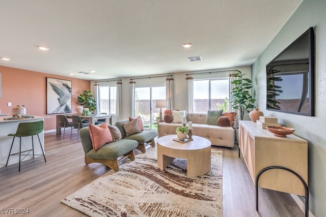 living room with a textured ceiling and light wood-type flooring