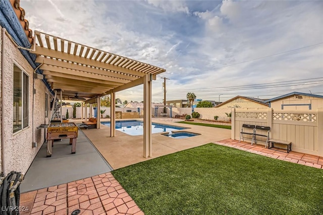 exterior space with a fenced in pool, a pergola, and a patio