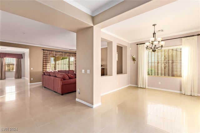 spare room featuring light tile patterned flooring, crown molding, and a chandelier