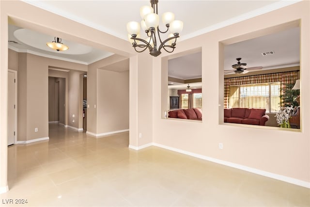 tiled spare room with crown molding and ceiling fan with notable chandelier