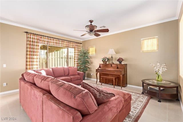 living room featuring crown molding and ceiling fan