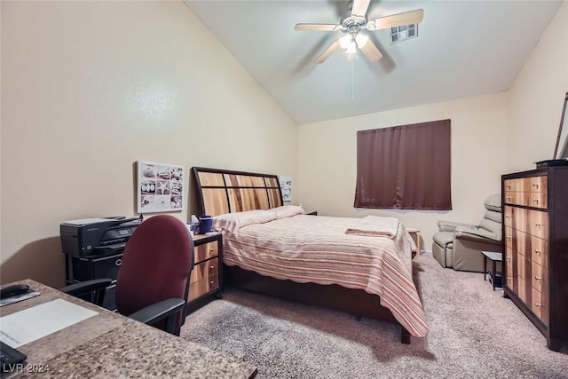 bedroom with ceiling fan, light colored carpet, and lofted ceiling