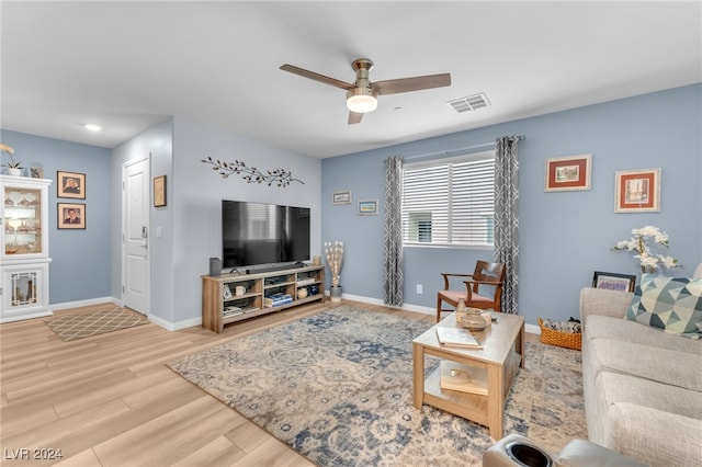 living room with ceiling fan and wood-type flooring