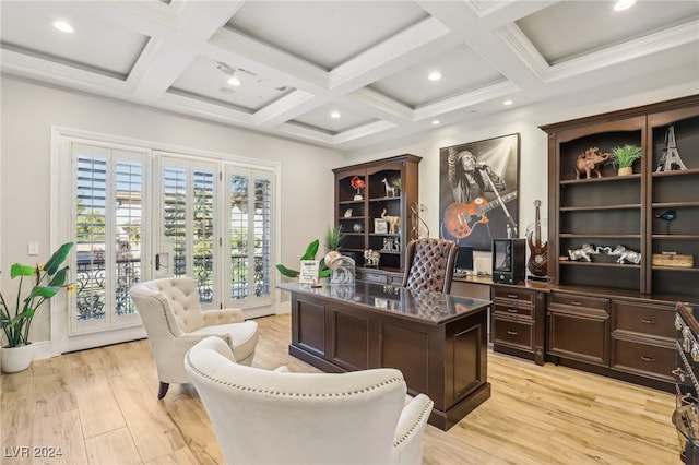 office area with beamed ceiling, coffered ceiling, and light hardwood / wood-style flooring