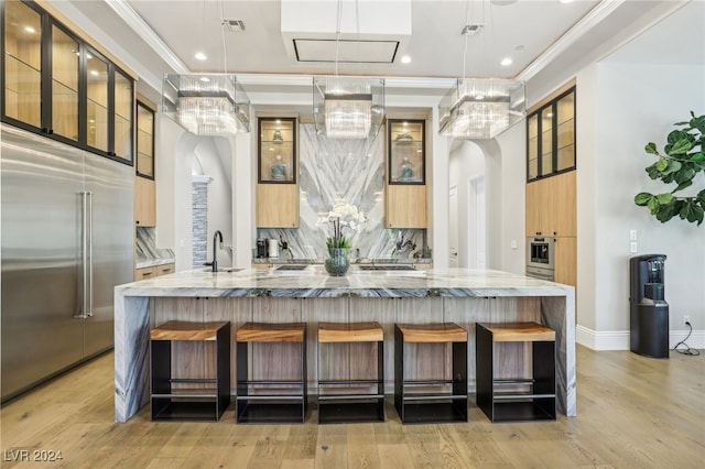 kitchen with decorative backsplash, light hardwood / wood-style floors, crown molding, and appliances with stainless steel finishes