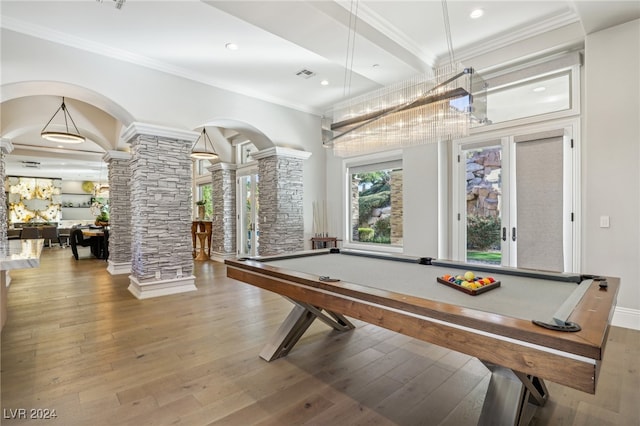 playroom with decorative columns, crown molding, billiards, and hardwood / wood-style flooring