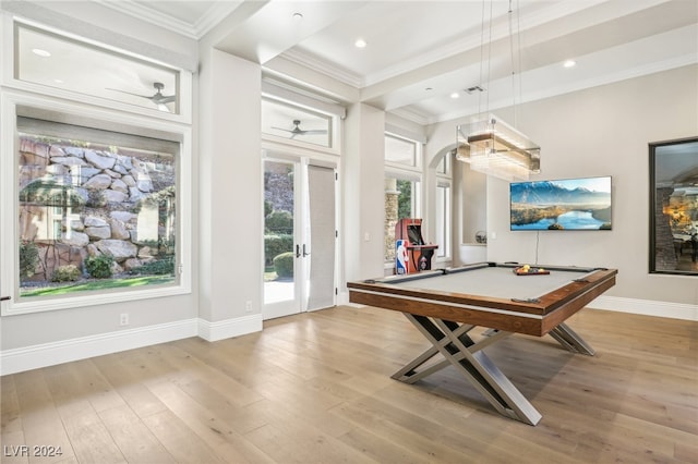 recreation room featuring french doors, light hardwood / wood-style flooring, plenty of natural light, and billiards