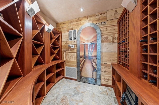 wine cellar featuring wood walls