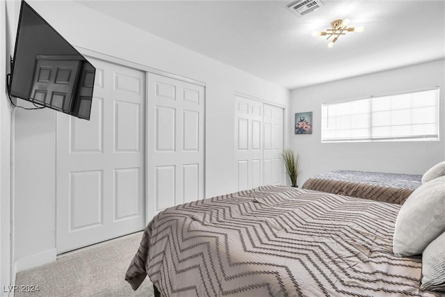 carpeted bedroom featuring multiple closets