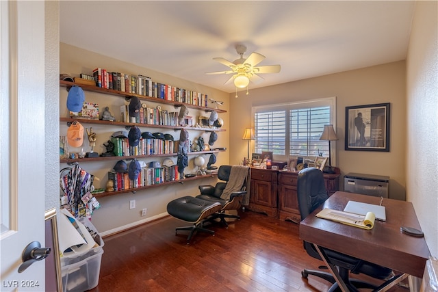 office featuring ceiling fan and dark hardwood / wood-style flooring