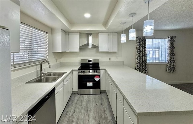 kitchen with sink, wall chimney exhaust hood, decorative light fixtures, white cabinetry, and stainless steel appliances