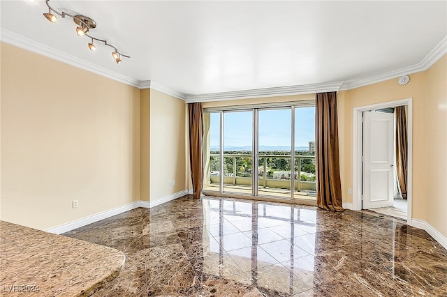 spare room featuring rail lighting and ornamental molding