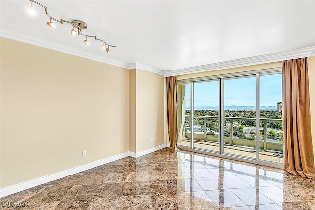 spare room featuring rail lighting and ornamental molding