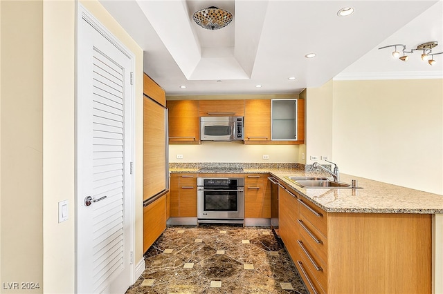 kitchen with sink, stainless steel appliances, light stone counters, kitchen peninsula, and crown molding