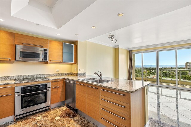 kitchen featuring kitchen peninsula, appliances with stainless steel finishes, light stone countertops, crown molding, and sink