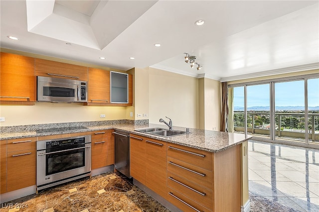 kitchen featuring light stone countertops, sink, kitchen peninsula, crown molding, and appliances with stainless steel finishes