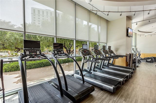 workout area with a towering ceiling, track lighting, and hardwood / wood-style flooring