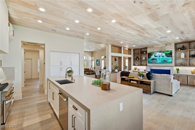 kitchen featuring appliances with stainless steel finishes, sink, a center island with sink, wooden ceiling, and white cabinetry