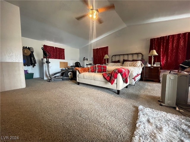 carpeted bedroom with ceiling fan and lofted ceiling