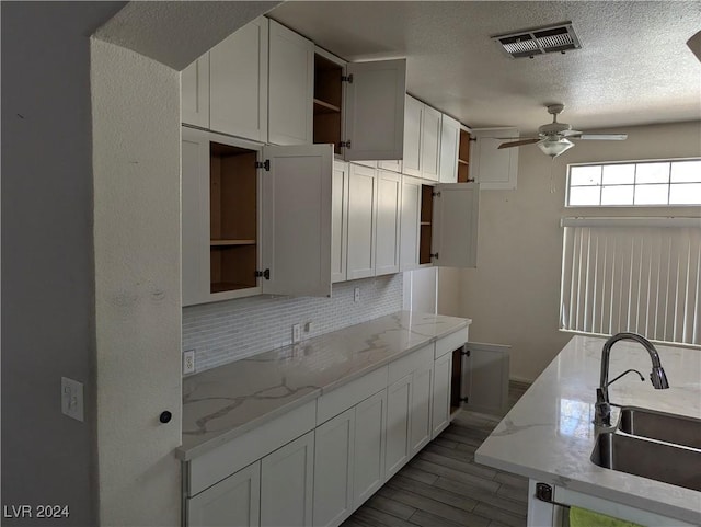 kitchen with white cabinetry, sink, ceiling fan, light stone countertops, and decorative backsplash