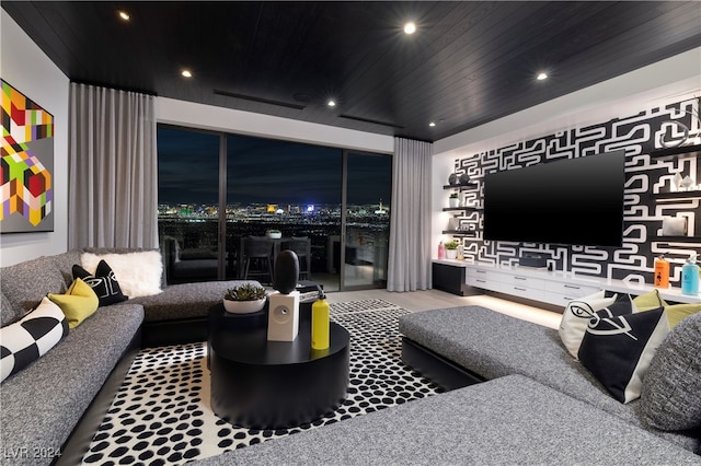 living room with wood ceiling