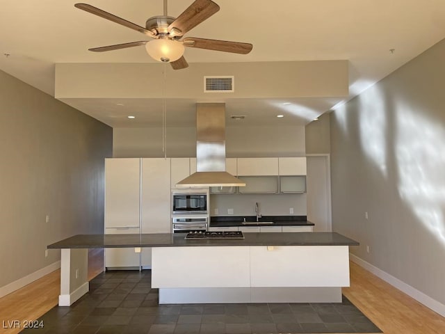 kitchen with island exhaust hood, appliances with stainless steel finishes, ceiling fan, sink, and white cabinetry