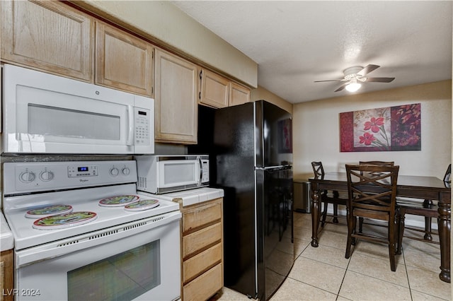 kitchen with light brown cabinets, white appliances, ceiling fan, a textured ceiling, and light tile patterned flooring