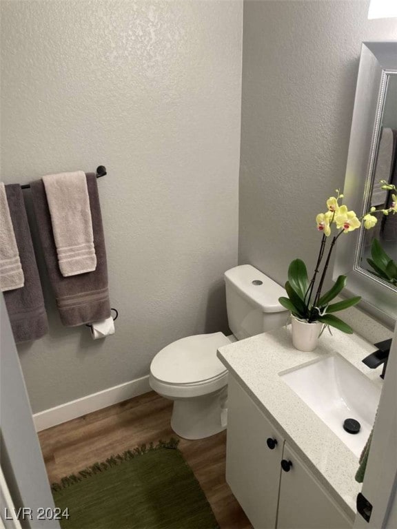 bathroom featuring vanity, wood-type flooring, and toilet