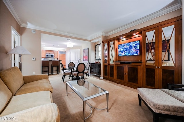 living room featuring ornamental molding and french doors