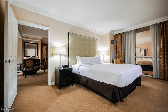 bedroom with light colored carpet and ornamental molding