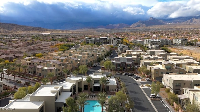 drone / aerial view featuring a mountain view