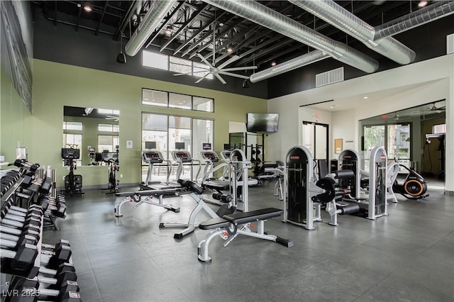 workout area with a towering ceiling