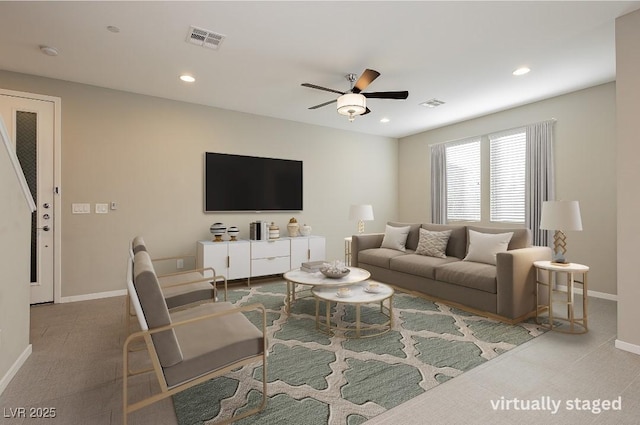 living room featuring ceiling fan