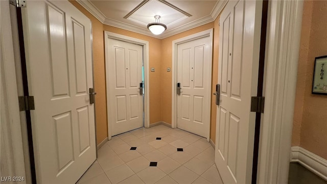 doorway to outside featuring light tile patterned flooring and crown molding