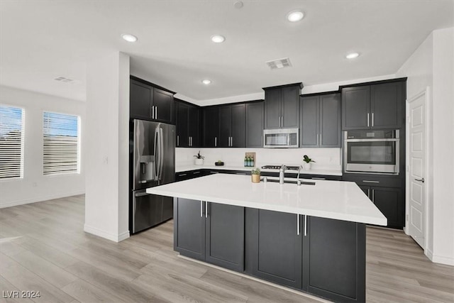 kitchen with appliances with stainless steel finishes, light hardwood / wood-style flooring, a kitchen island with sink, and sink