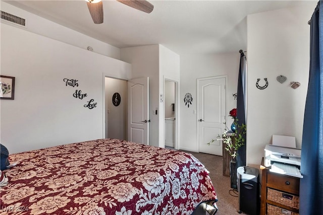 bedroom featuring ceiling fan and carpet