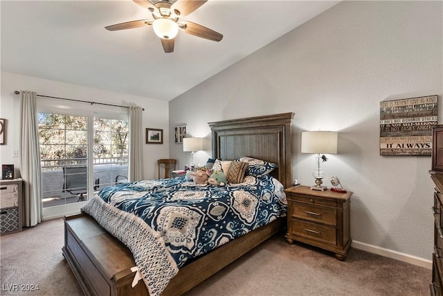 bedroom featuring access to outside, ceiling fan, carpet flooring, and lofted ceiling