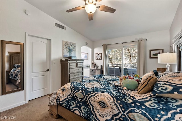 bedroom featuring access to outside, vaulted ceiling, ceiling fan, and light colored carpet