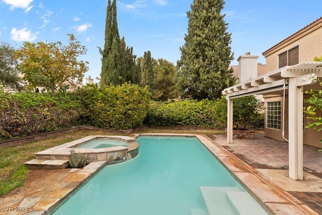 view of swimming pool featuring a pergola, an in ground hot tub, and a patio