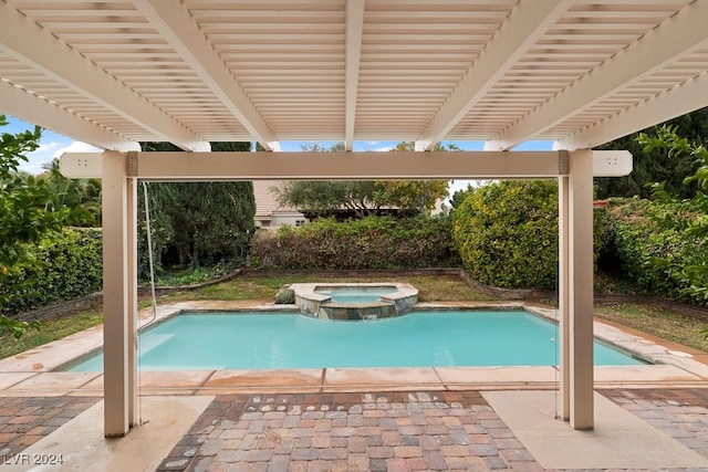 view of swimming pool featuring a pergola and an in ground hot tub