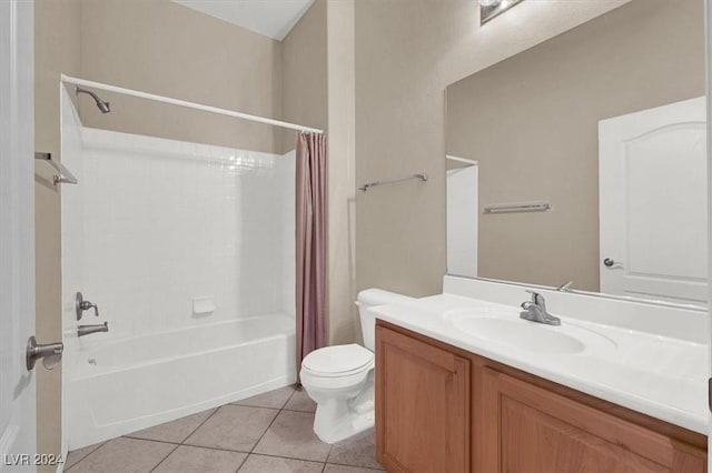 full bathroom with toilet, shower / bath combination with curtain, vanity, and tile patterned floors