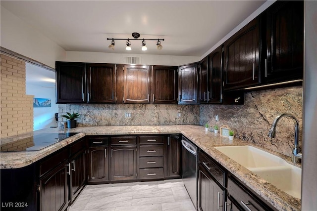 kitchen with dark brown cabinetry, dishwasher, sink, decorative backsplash, and black electric stovetop